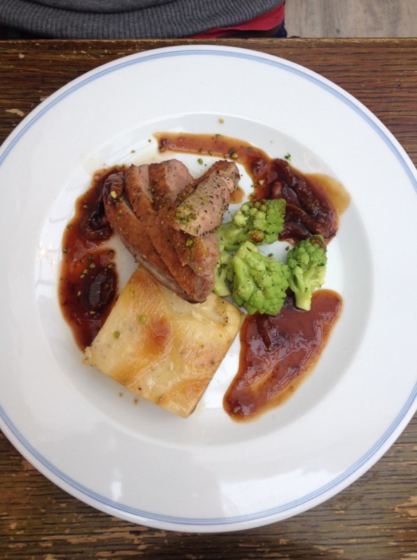 Duck breast, potato mille-feuille, steamed romanesco and fig gravy