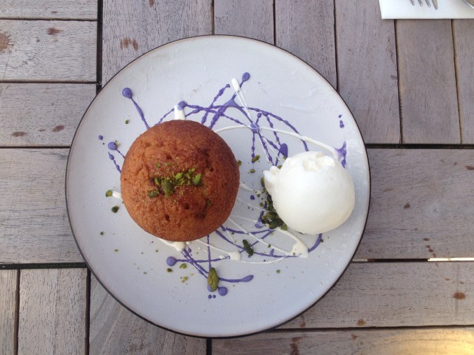 Honey cake with orange ice cream and lavender. Too pretty to eat, but we did.